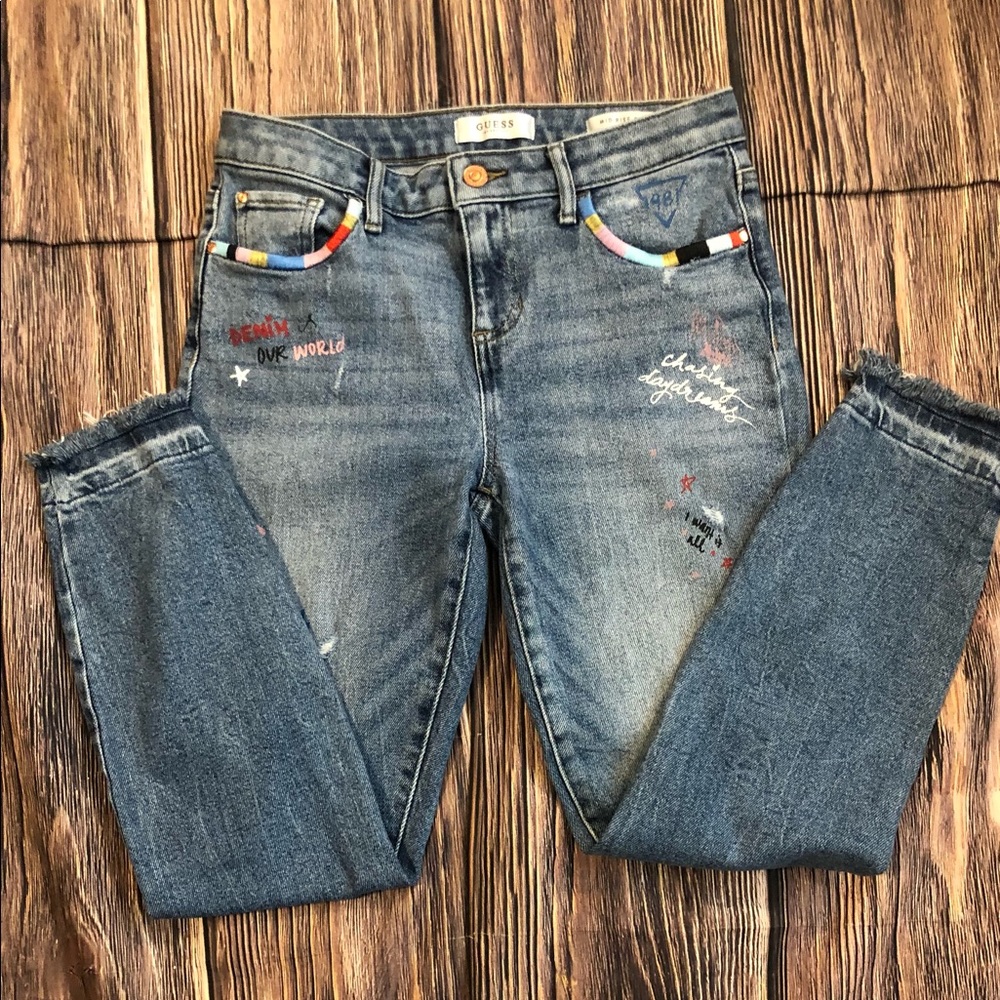 Guess Mid-Rise Skinny Graffiti's Blue Jeans Size 28